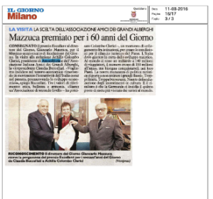 Foto:  II direttore de "Il Giorno" Giancarlo Mazzuca riceve la pergamena del premio Excellent per i sessant'anni del Giorno da Claudia Buccellati e Achille Colombo Clerici 